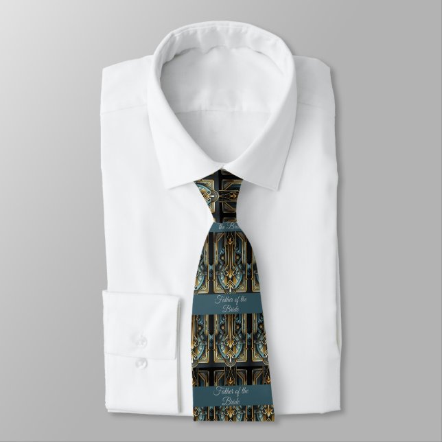 Father of the Bride Art Deco Green Black Gold Tie (Tied)