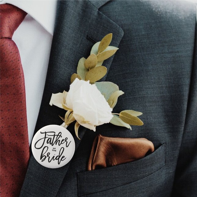 Father Of The Bride Brush Wedding Bridal Party 6 Cm Round Badge ('Father of the Bride' Bow Tie Brush Script Calligraphy Wedding Rehearsal Button @ fatfatin_blue_knot)
