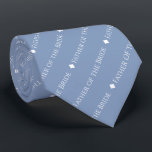 Father of the Bride Tiled White Text on Light Blue Tie<br><div class="desc">This light blue grey neck tie is the perfect accessory for the father of the bride at your wedding. It features a simple yet elegant repeating text design with the word "Father of the Bride" written in a sophisticated all capital white font. There are small diamonds separating the text, giving...</div>