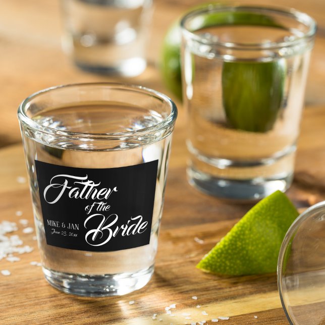 Father of the Bride White Script on Black Shot Glass (In Situ)