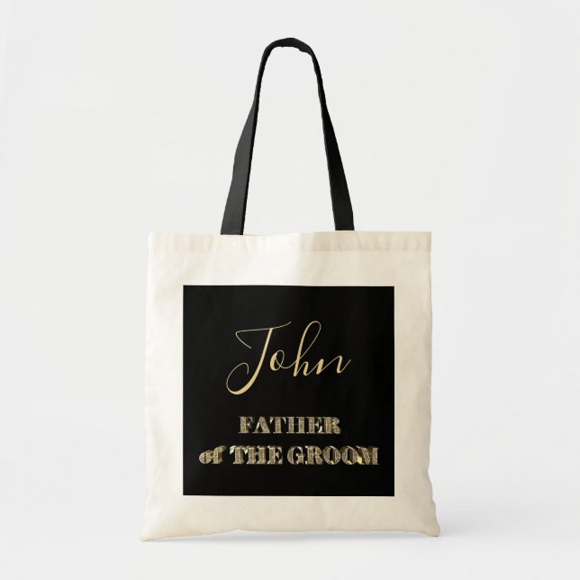 Father of The Groom Black Gold Glitter Typography Tote Bag (Front)