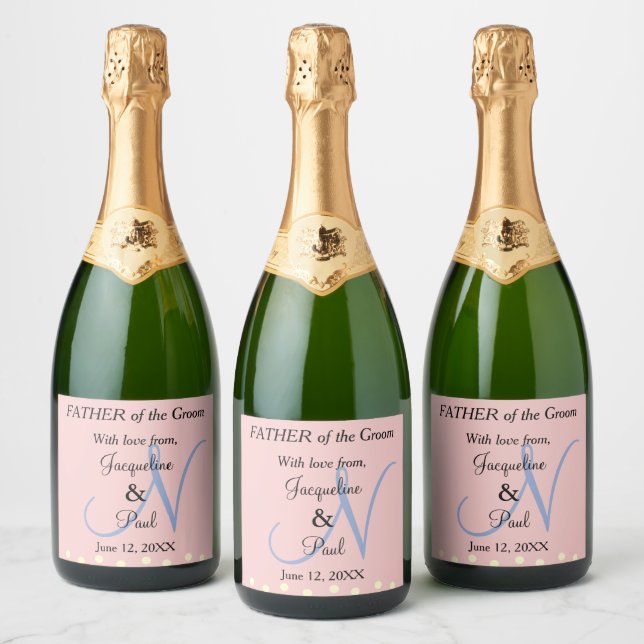 Father of the Groom Pastel Rose Blue Monogram Sparkling Wine Label (Bottles)