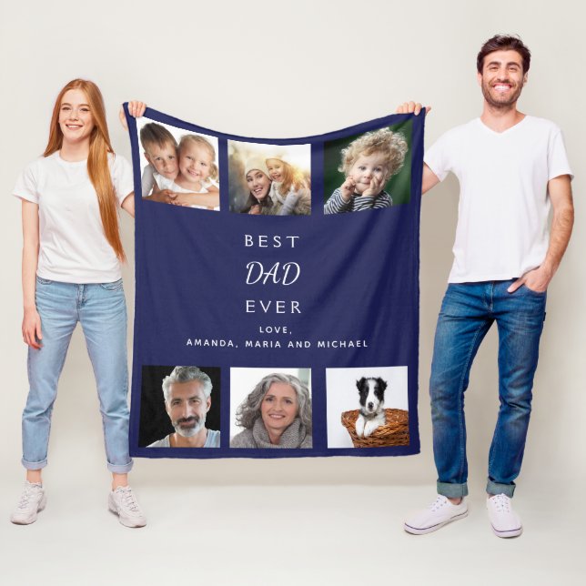 Father photo collage navy blue fleece blanket (In Situ)