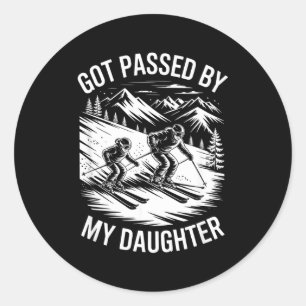 Father skier passed by daughter skiing family classic round sticker