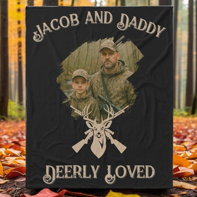 Father Son Deer Hunting Deerly Loved Photo & Name Fleece Blanket (Creator Uploaded)