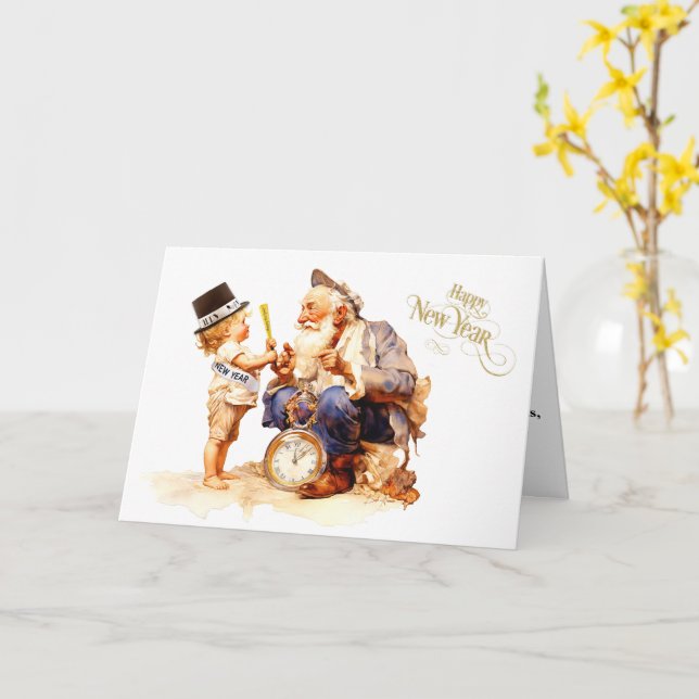Father Time & Baby New Year Happy  Card (Yellow Flower)