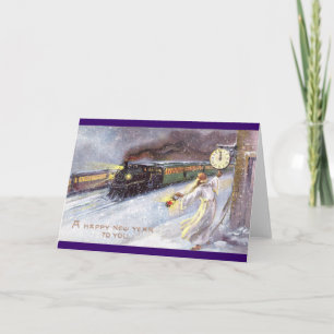 Father Time & Train Vintage New Year Holiday Card