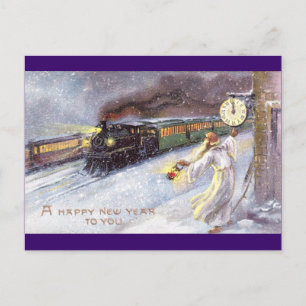Father Time & Train Vintage New Year Holiday Postcard