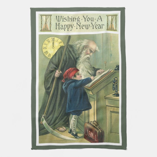 Father Time Wishing You a Happy New Year Tea Towel (Vertical)