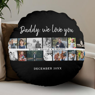 Father with Kids Family Dad 14 Photo Collage  Round Cushion