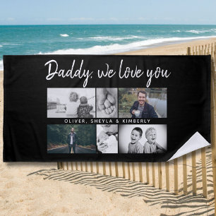 Father with Kids Family Dad 6 Photo Collage Black Beach Towel