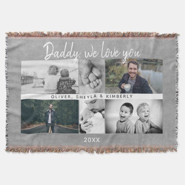 Father with Kids Family Dad Father`s Day 6 Photo Throw Blanket (Front)