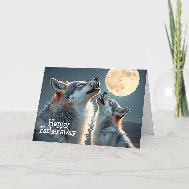 Father Wolf and Cub Howling at Full Moon Card (Front)