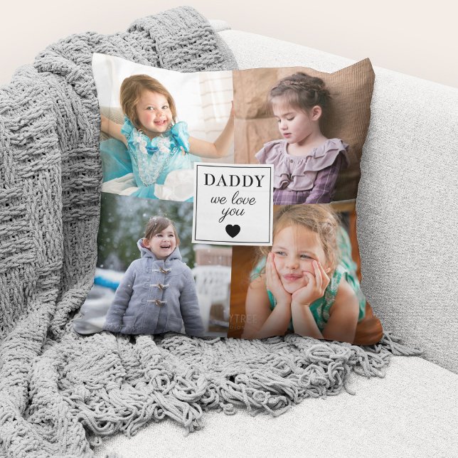 Father's Day 4 Photo Collage We Love You Cushion (Cute custom photo collage "Daddy We Love You" throw pillow.)