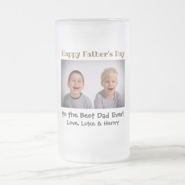 Father's Day Best Dad Ever Kids Photo Frosted Glass Beer Mug (Center)