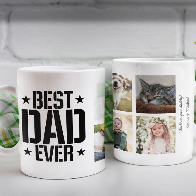 Father's Day Best Dad Ever Six Photo & Text, Black Coffee Mug (Creator Uploaded)