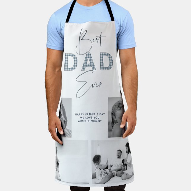 Father's Day Best Father Ever 4 Photo Dusty Blue Apron (Easily personalize this Best Dad Ever photo collage apron for a unique gift)