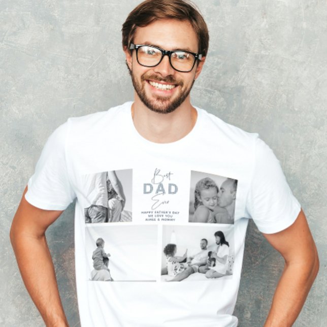 Father's Day Best Father Ever 4 Photo Dusty Blue T-Shirt (Easily personalize this Best Dad Ever Photo Collage tee for a father's day gift that's unique)