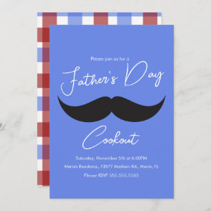 Father's Day Cookout Moustache Blue Plaid Invitation