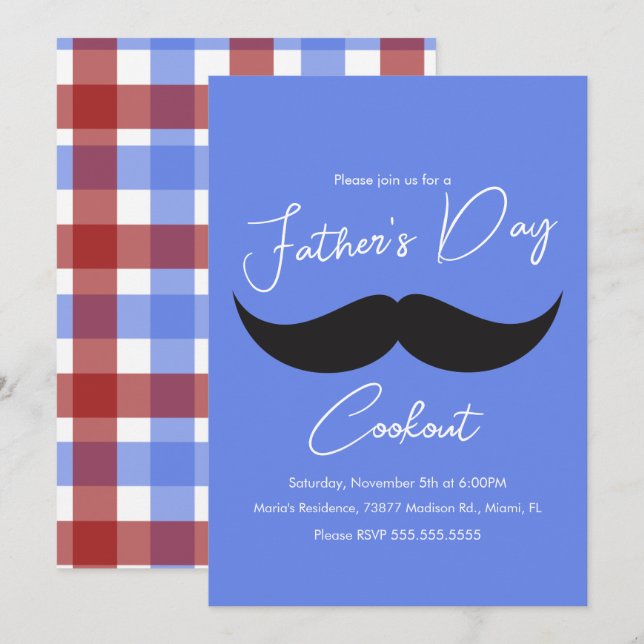 Father's Day Cookout Moustache Blue Plaid Invitation (Front/Back)