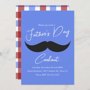 Father's Day Cookout Moustache Blue Plaid Invitation