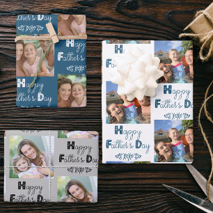 Fathers Day Custom Photo Blue Grey Set of 3 Wrapping Paper Sheet