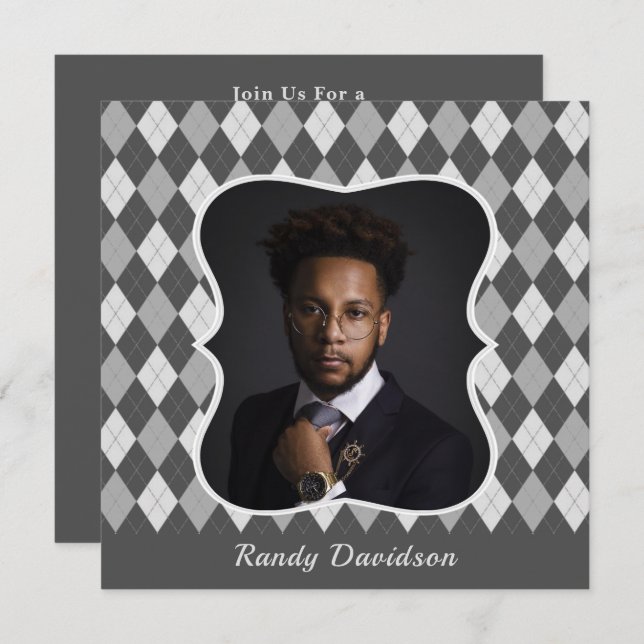 Fathers Day Custom Photo Grey Argyle Dinner Party Invitation (Front/Back)
