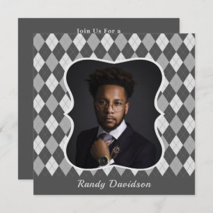 Fathers Day Custom Photo Grey Argyle Dinner Party Invitation