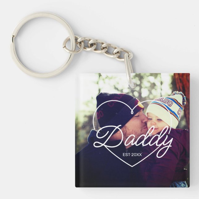 Father's Day Custom Photo Heart Daddy Script Font Key Ring (Front)
