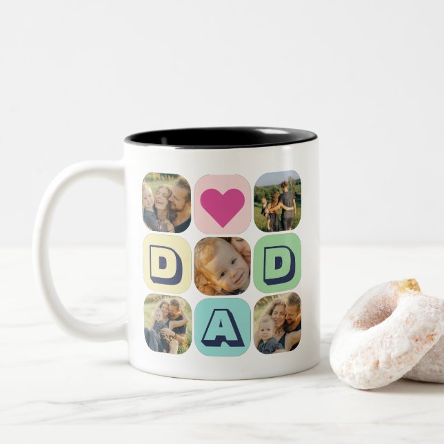 Father's Day Dad Photo Collage Family Picture Grid Two-Tone Coffee Mug (With Donut)