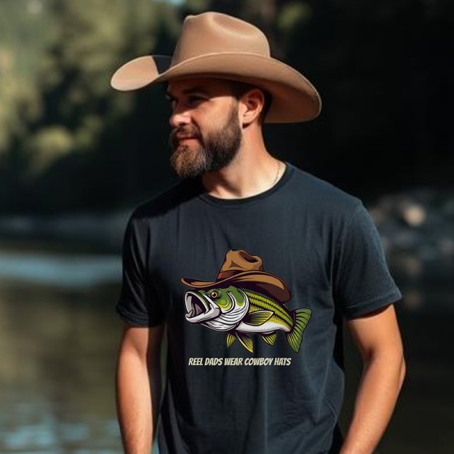 Fathers Day Funny Fish wearing a Cowboy Hat  T-Shirt (Bass Fish with a Cowboy Hat, Fisherman Style Fathers Day Birthday For him)