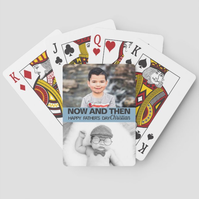 Father's day now and then pictures boy playing cards (Back)