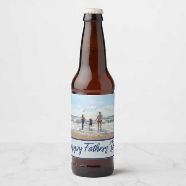 Father's Day Photo Blue Typography Beer Bottle Label (Front)