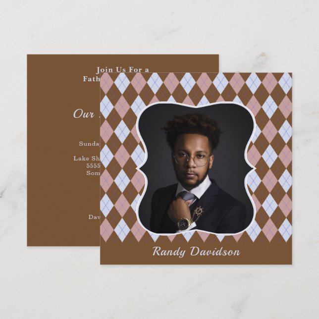 Fathers Day Photo Brown Pink Argyle Dinner Party Invitation (Front/Back)