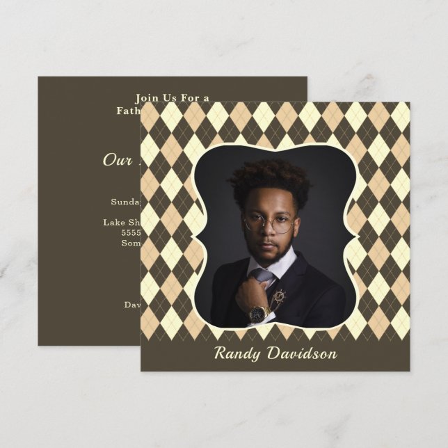 Fathers Day Photo Brown Tan Argyle Dinner Party Invitation (Front/Back)