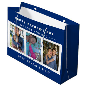 Father's Day Photo Collage Blue Custom Large Gift Bag