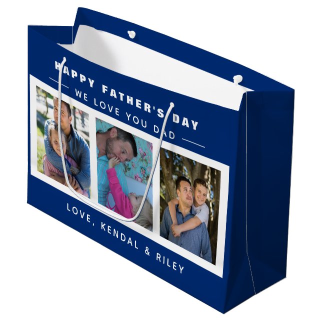 Father's Day Photo Collage Blue Custom Large Gift Bag (Front Angled)