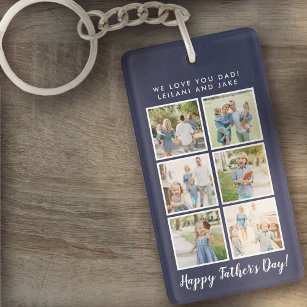 Father's Day Photo Collage Navy Blue Key Ring