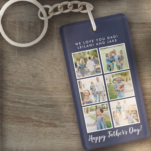 Father's Day Photo Collage Navy Blue Key Ring (Creator Uploaded)