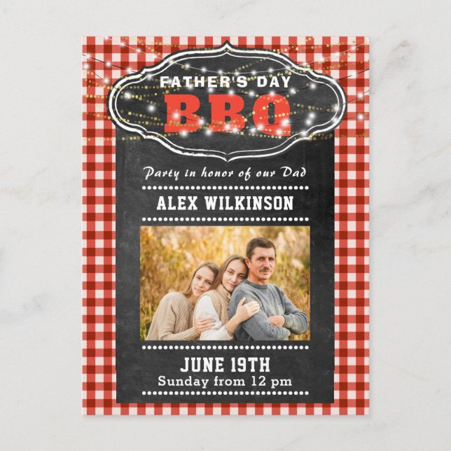 Father's Day Photo Red Plaid Chalkboard BBQ Party Postcard (Front)
