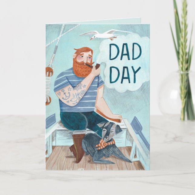 Fathers day Redbeard Captain on a boat with Dog Card (Front)