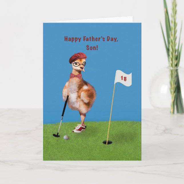 Father's Day, Son, Humorous Bird Playing Golf Card (Front)