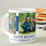 Fathers Day Stepdad 3 Photo Blue Large Coffee Mug<br><div class="desc">Personalised Fathers Day Mug for stepdad. This photo mug has a coastal blue and white design with trendy typewriter typography. The photo template is ready for you to add 3 of your family pictures (2x portrait and 1x landscape will be easiest to work with). You can also customise the wording...</div>
