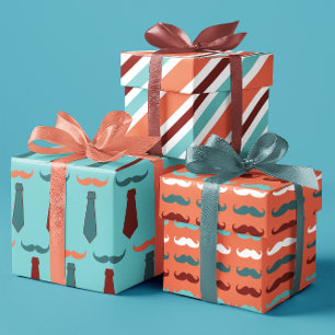 Father's Day Teal and Orange Moustache Dad set of Wrapping Paper Sheet
