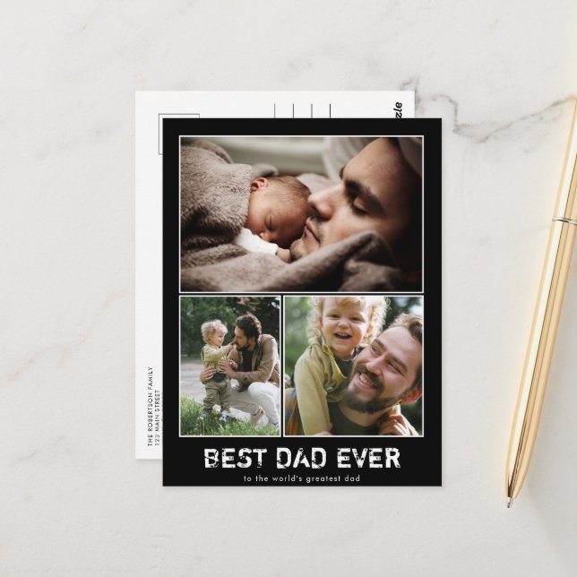 Father's Day Three Photo Collage Postcard (Front/Back In Situ)