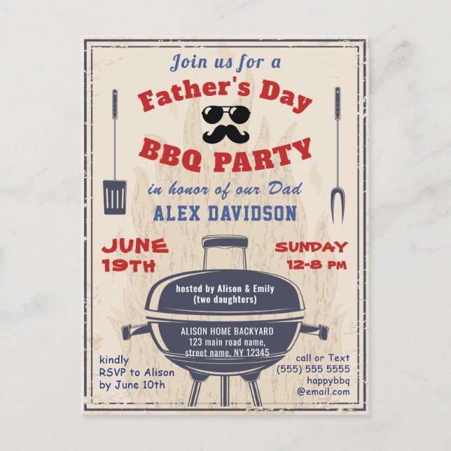 Father's Day Vintage Style BBQ Party Invitation Postcard (Front)