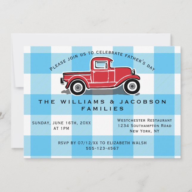Father's Day Vintage Truck Blue Buffalo Check Invitation (Front)
