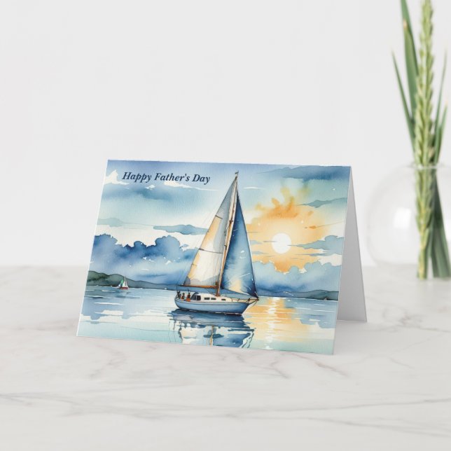 Father's Day Watercolor Sailboat On a Lake  Card (Front)