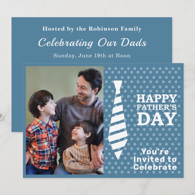 Fathers Day White Tie Blue Dots Add Photo Party Invitation (Front/Back)