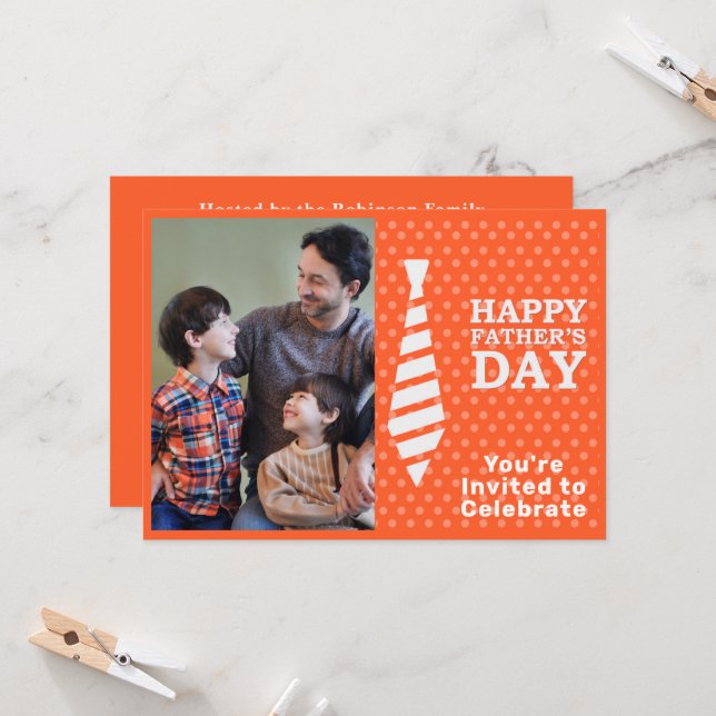 Fathers Day White Tie Orange Dots Add Photo Party Invitation (Front/Back In Situ)